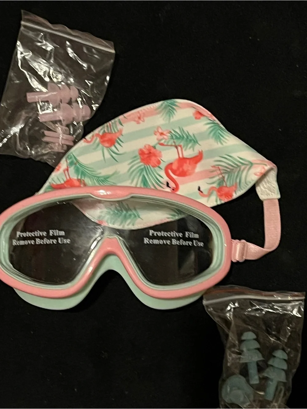 Pixel Panda Kids Flamingo Swim Goggles Set Cap Ear Plugs Nose Clip New